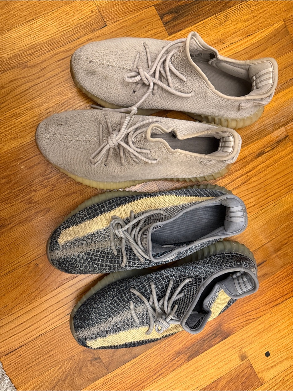 Yeezy Boost Sneakers in Beige and Gray with Yellow Accent